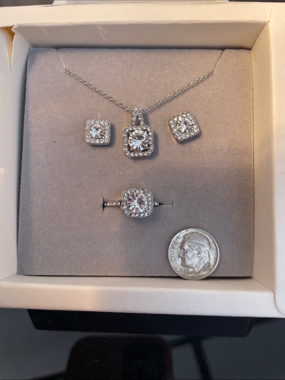 Sterling Silver Cubic Zirconia Necklace, Earrings & Ring Set in Clear. Ring 6.5